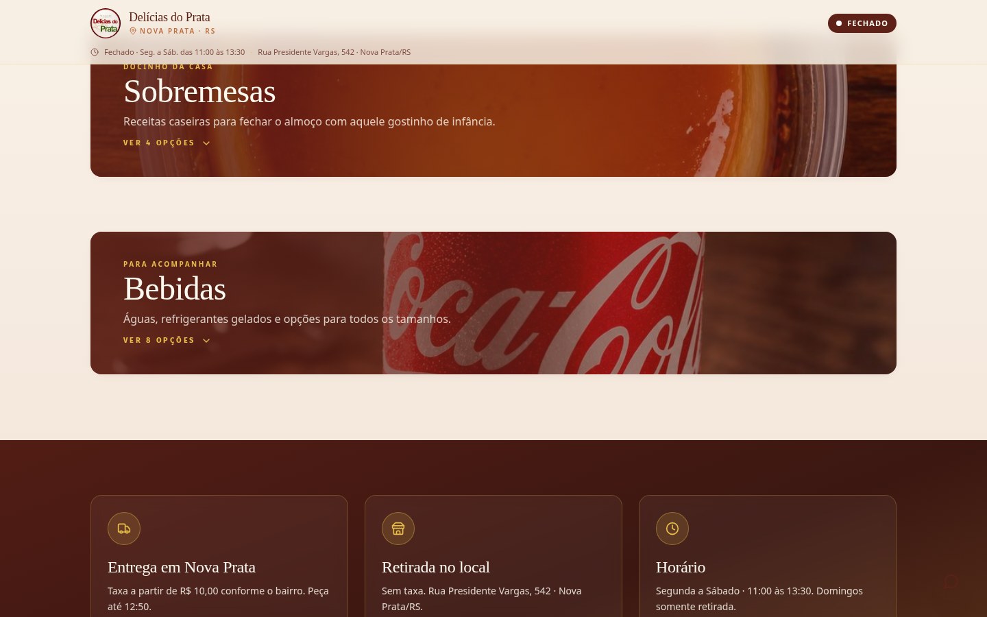 Seção de cardápio do site Delícias do Prata no computador